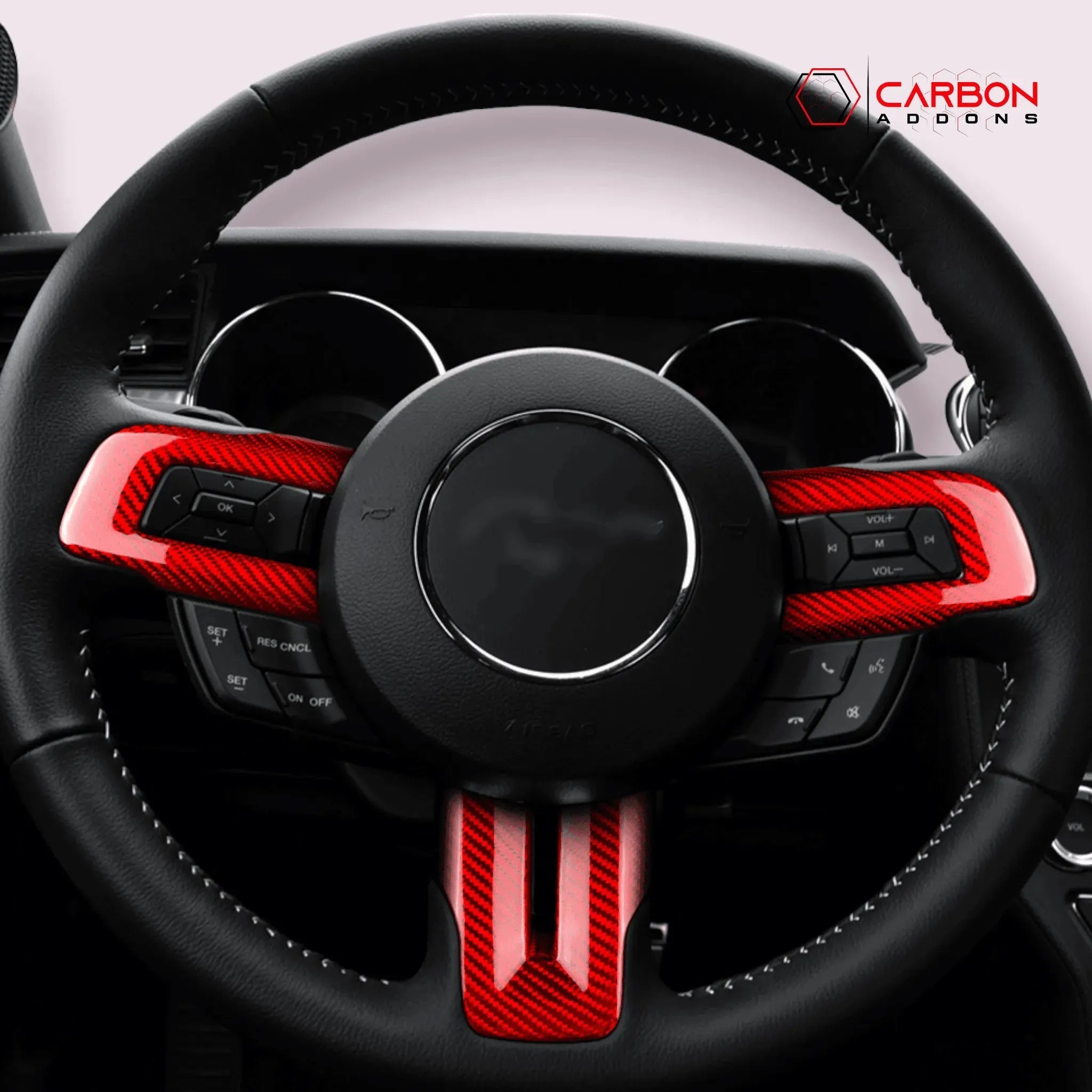 Mustang 2015-2023 Carbon Fiber Steering Wheel Chrome Delete Cover - carbonaddons Carbon Fiber Parts, Accessories, Upgrades, Mods