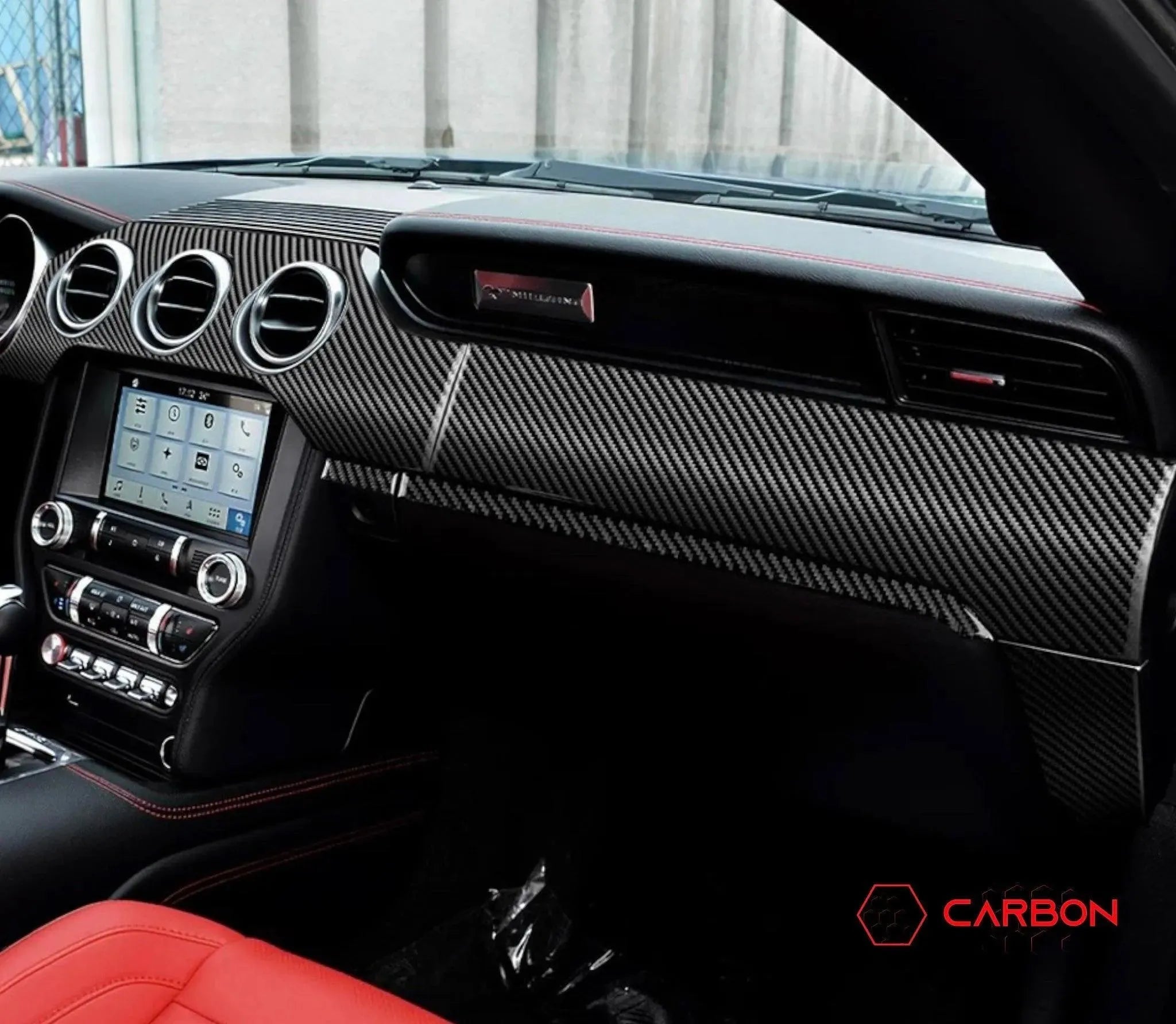Mustang 2015-2023 Real Carbon Fiber Whole Front Dash Overlay - carbonaddons Carbon Fiber Parts, Accessories, Upgrades, Mods