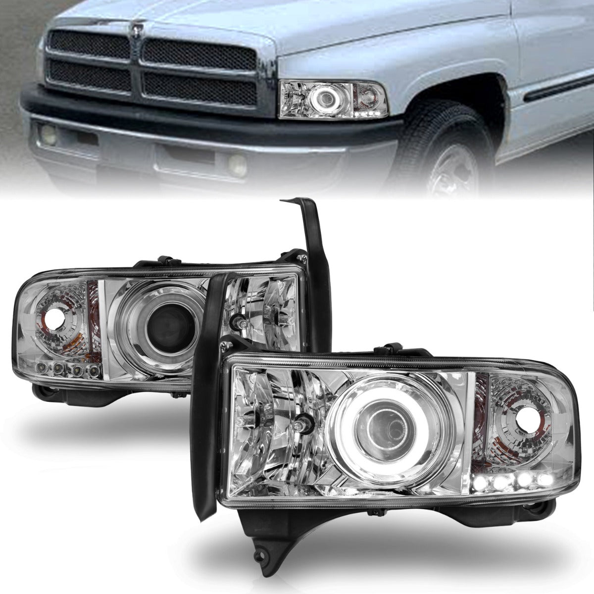 DODGE RAM 1500 94-01 / RAM 2500/3500 94-02 / RAM SPORT MODEL 94-98 PROJECTOR HALO HEADLIGHTS CHROME W/ RX HALO
