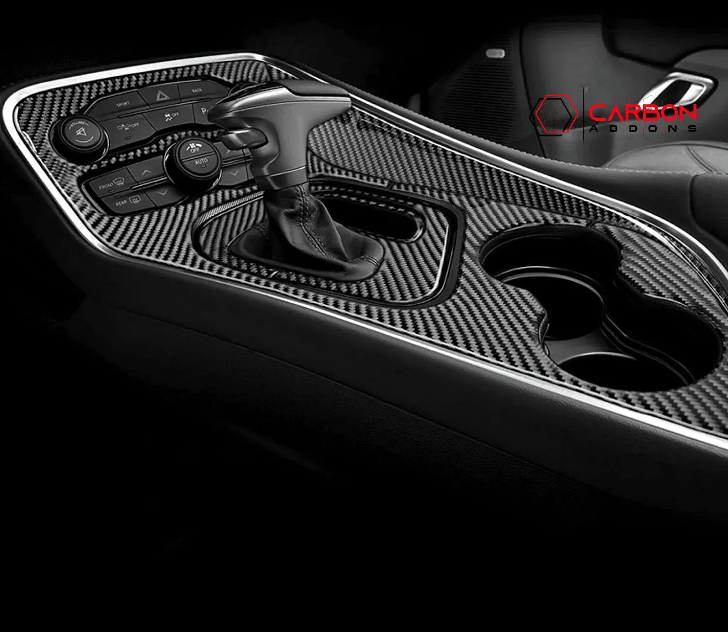 Real carbon fiber center console cover for 2015-2023 Dodge Challenger - carbonaddons Carbon Fiber Parts, Accessories, Upgrades, Mods