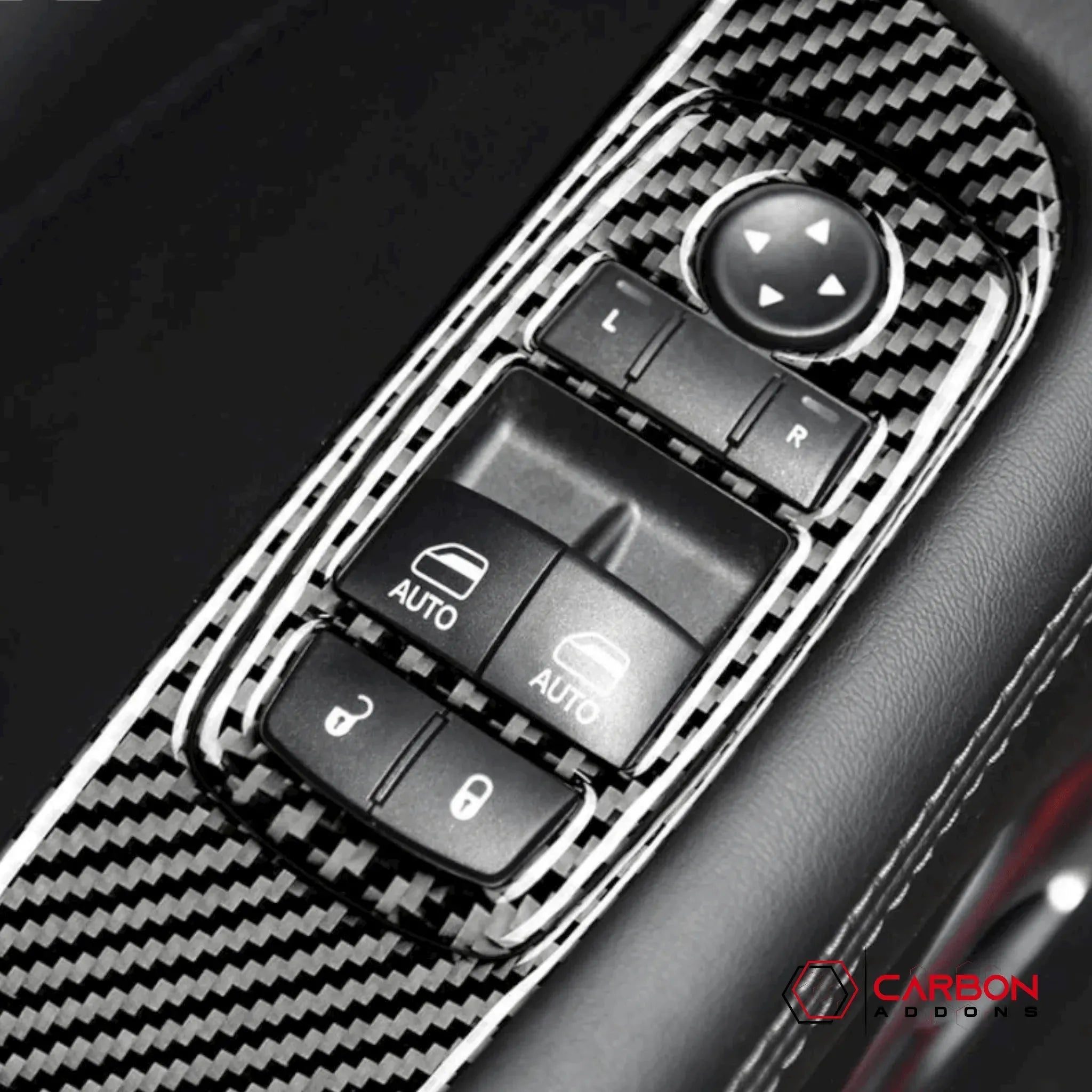 Real Carbon Fiber Window Control Trim Overlay for Dodge Challenger 2015-2023 - carbonaddons Carbon Fiber Parts, Accessories, Upgrades, Mods