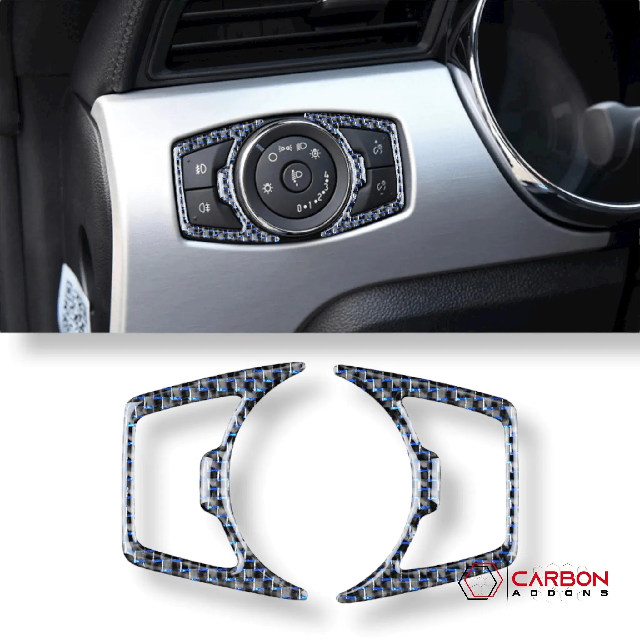 Reflective Carbon Fiber Headlight Switch Trim Overlay For Ford Mustang 2015-2023 - carbonaddons Carbon Fiber Parts, Accessories, Upgrades, Mods