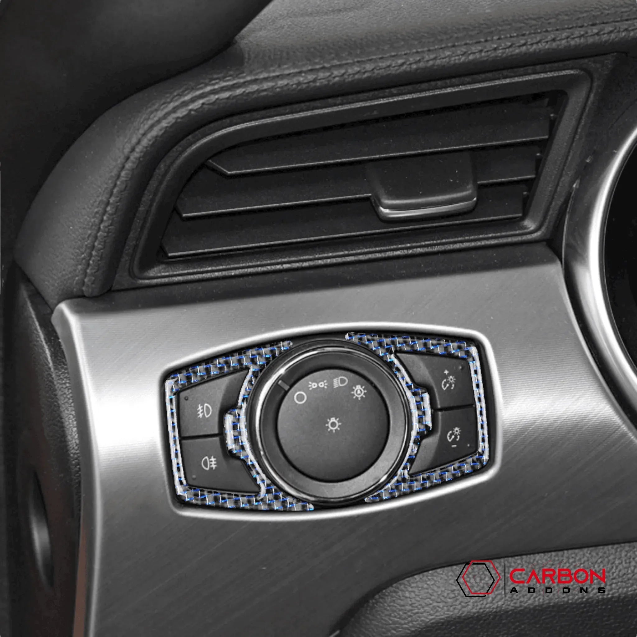 Reflective Carbon Fiber Headlight Switch Trim Overlay For Ford Mustang 2015-2023 - carbonaddons Carbon Fiber Parts, Accessories, Upgrades, Mods