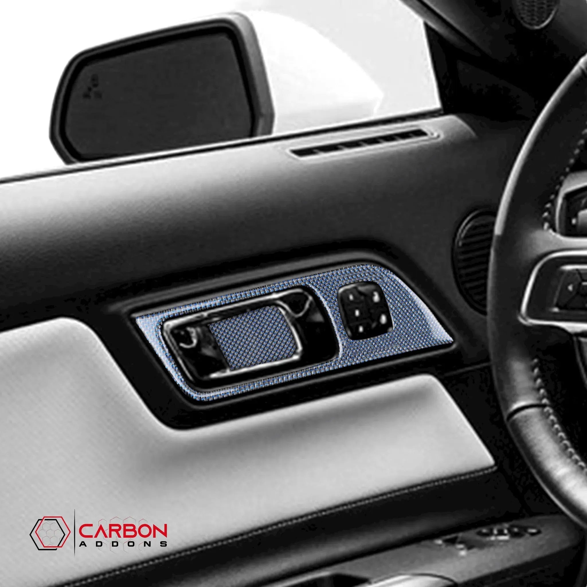 Reflective Carbon Fiber Interior Door Handle Trim Overlay for Ford Mustang 2015-2023 - carbonaddons Carbon Fiber Parts, Accessories, Upgrades, Mods