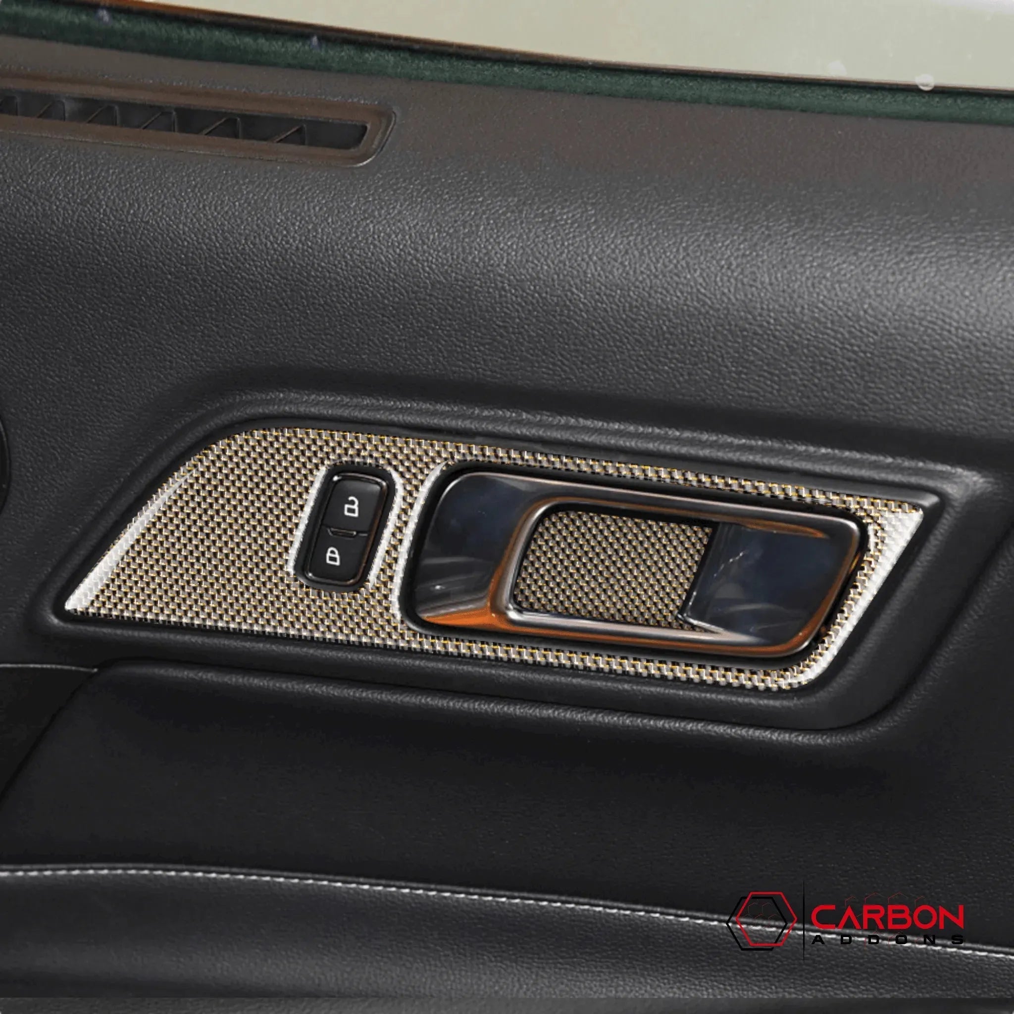 Reflective Carbon Fiber Interior Door Handle Trim Overlay for Ford Mustang 2015-2023 - carbonaddons Carbon Fiber Parts, Accessories, Upgrades, Mods