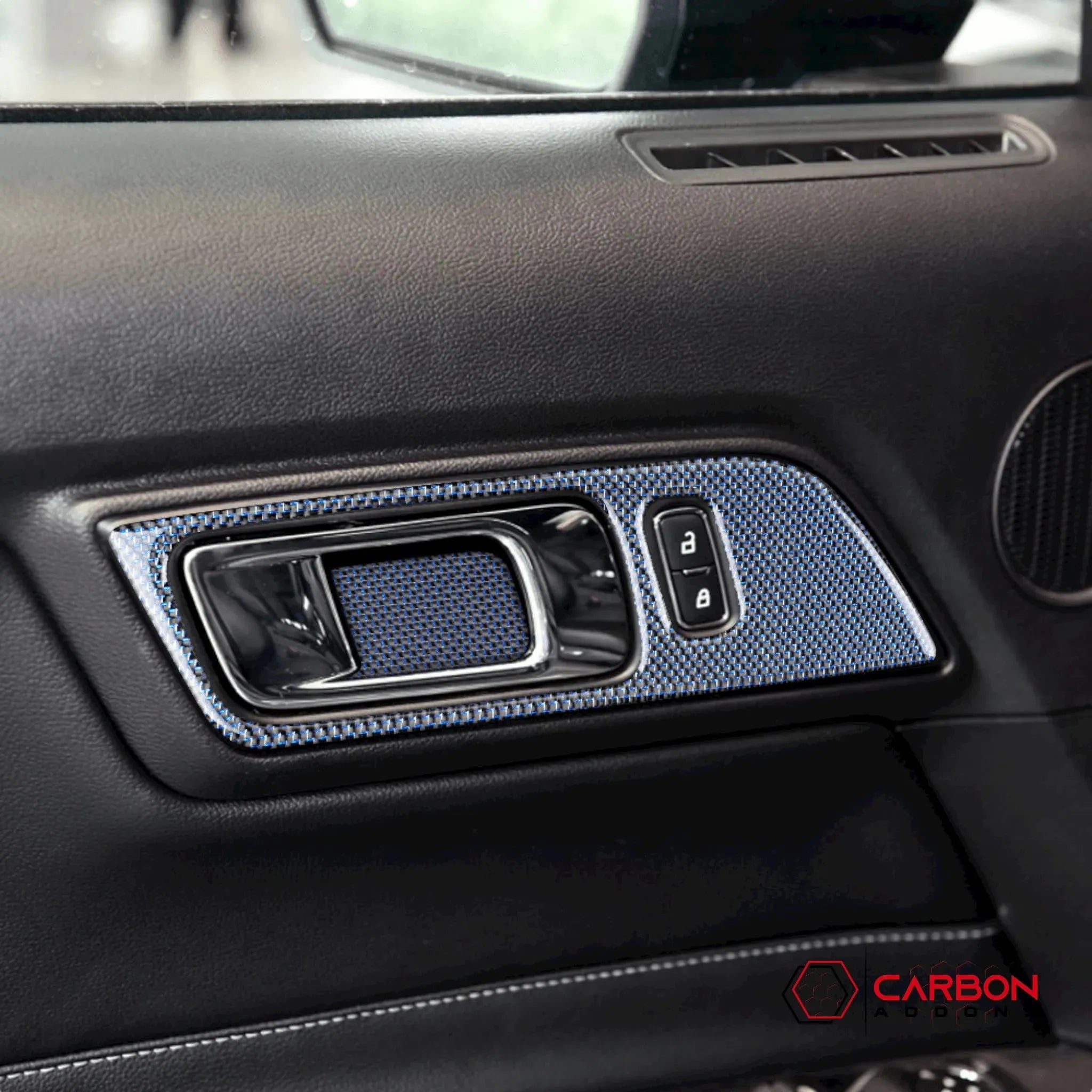 Reflective Carbon Fiber Interior Door Handle Trim Overlay for Ford Mustang 2015-2023 - carbonaddons Carbon Fiber Parts, Accessories, Upgrades, Mods