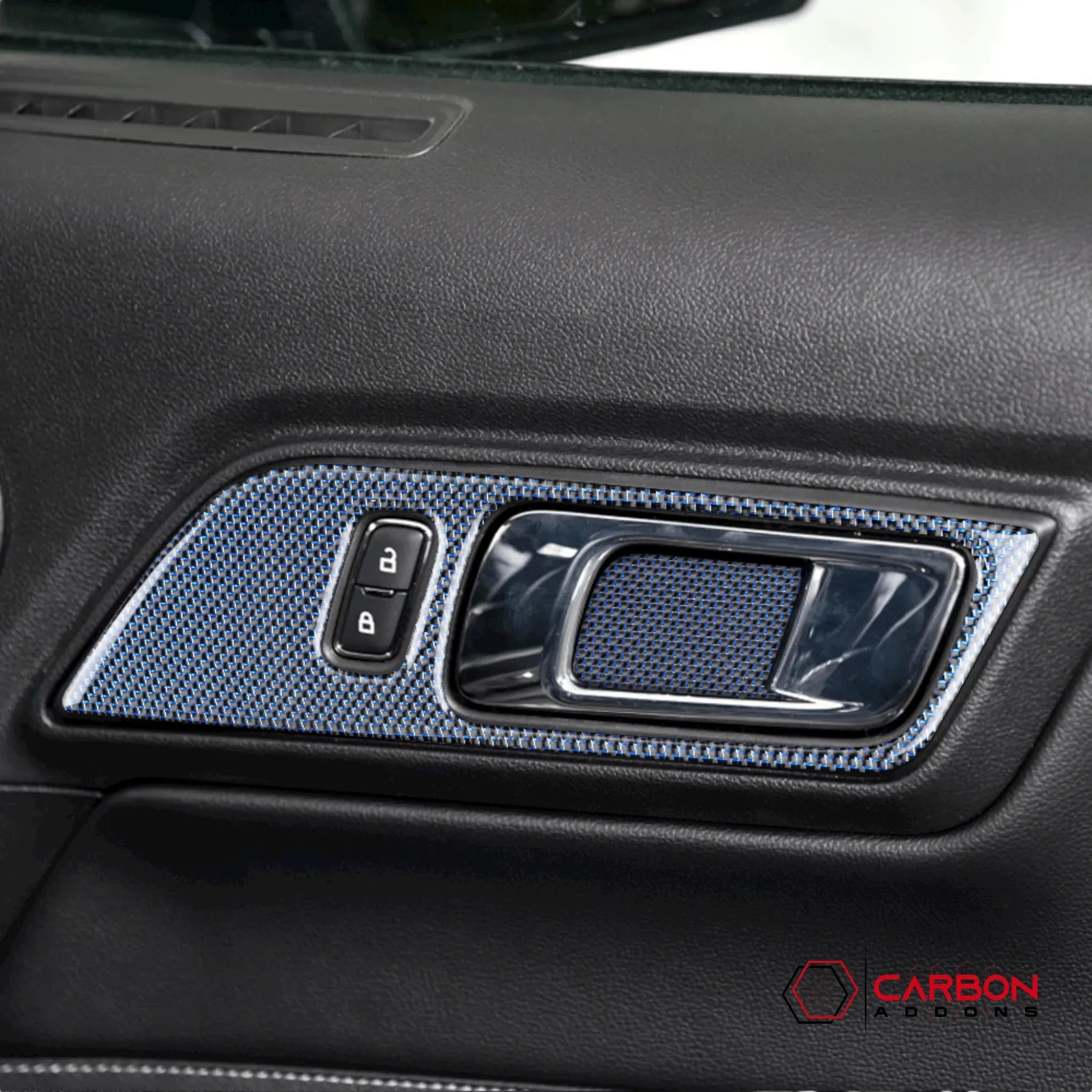 Reflective Carbon Fiber Interior Door Handle Trim Overlay for Ford Mustang 2015-2023 - carbonaddons Carbon Fiber Parts, Accessories, Upgrades, Mods