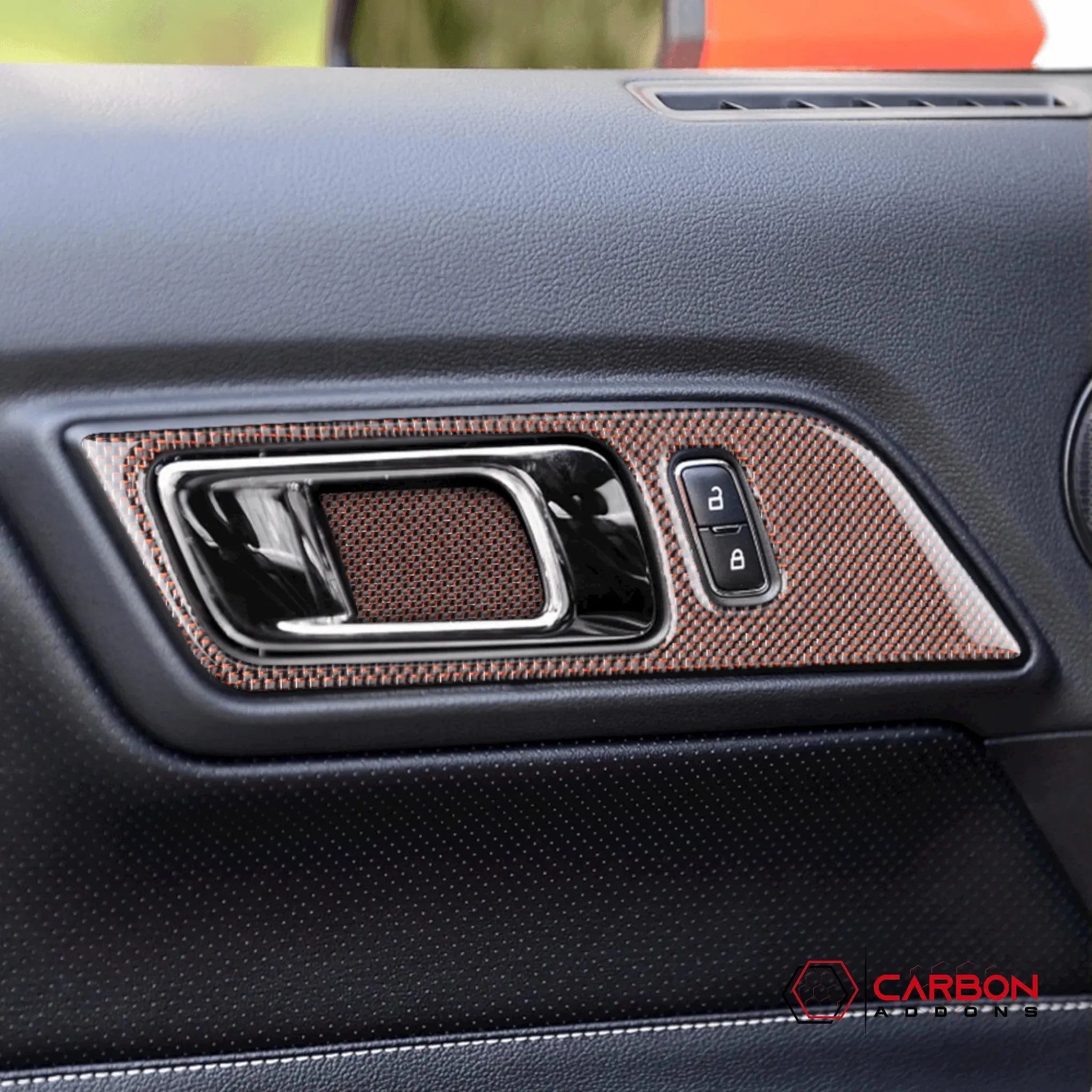 Reflective Carbon Fiber Interior Door Handle Trim Overlay for Ford Mustang 2015-2023 - carbonaddons Carbon Fiber Parts, Accessories, Upgrades, Mods
