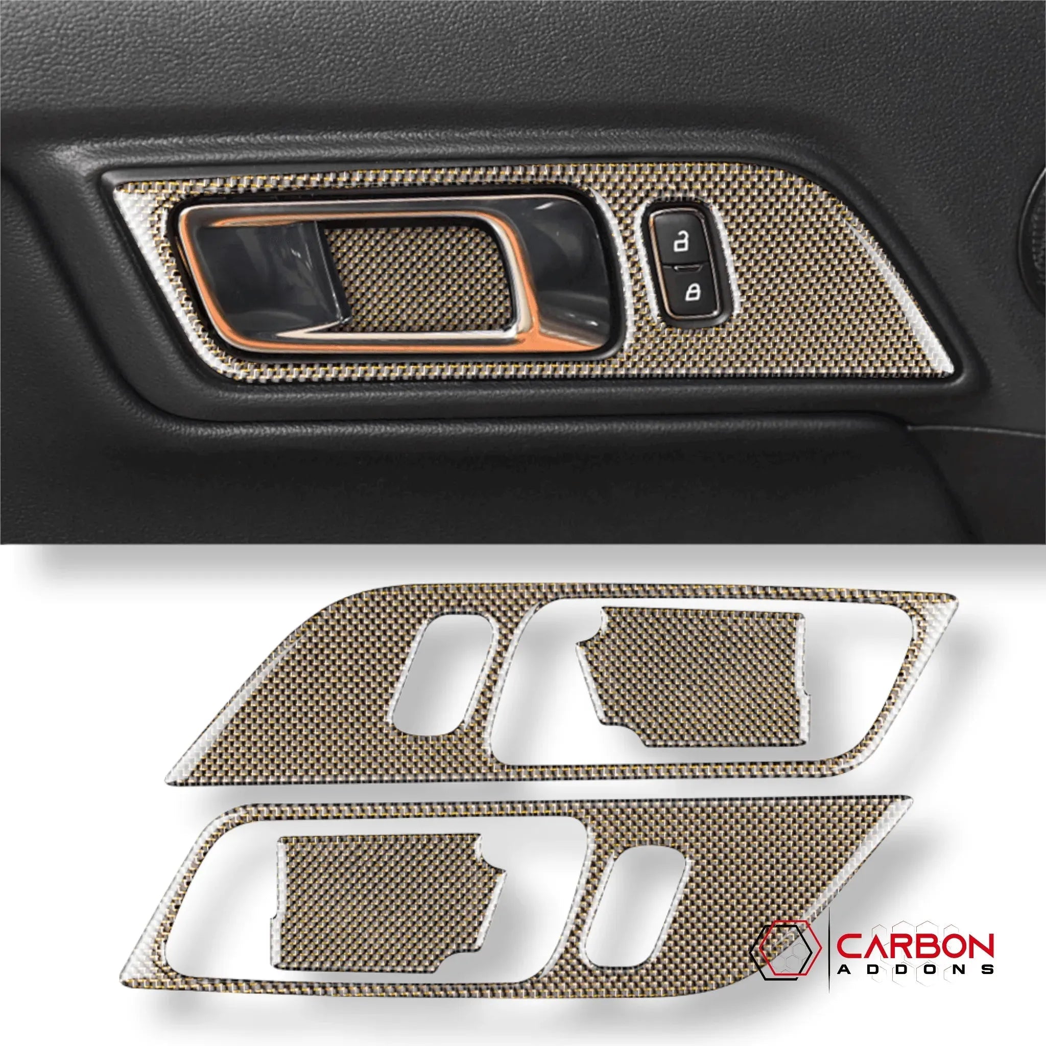 Reflective Carbon Fiber Interior Door Handle Trim Overlay for Ford Mustang 2015-2023 - carbonaddons Carbon Fiber Parts, Accessories, Upgrades, Mods