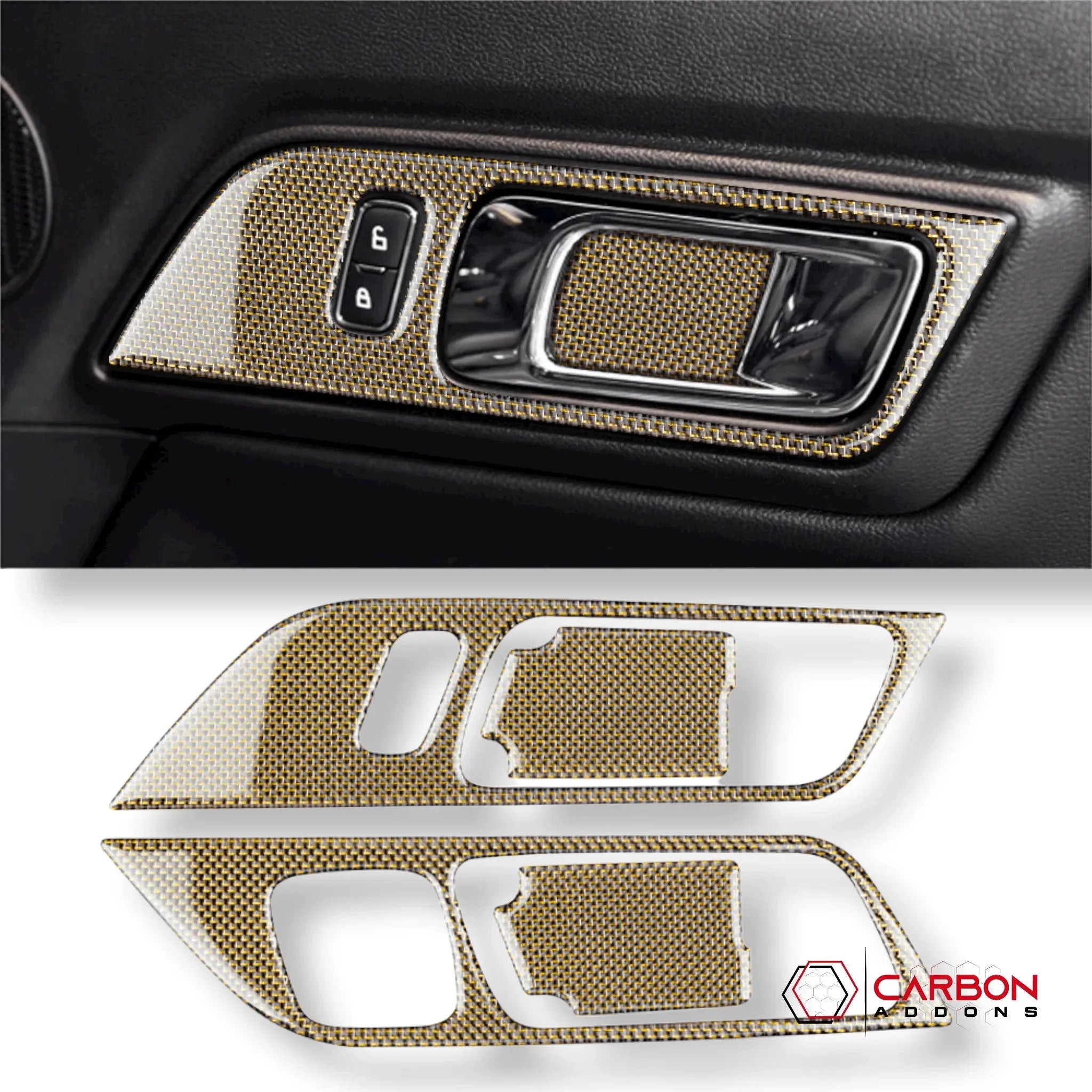 Reflective Carbon Fiber Interior Door Handle Trim Overlay for Ford Mustang 2015-2023 - carbonaddons Carbon Fiber Parts, Accessories, Upgrades, Mods