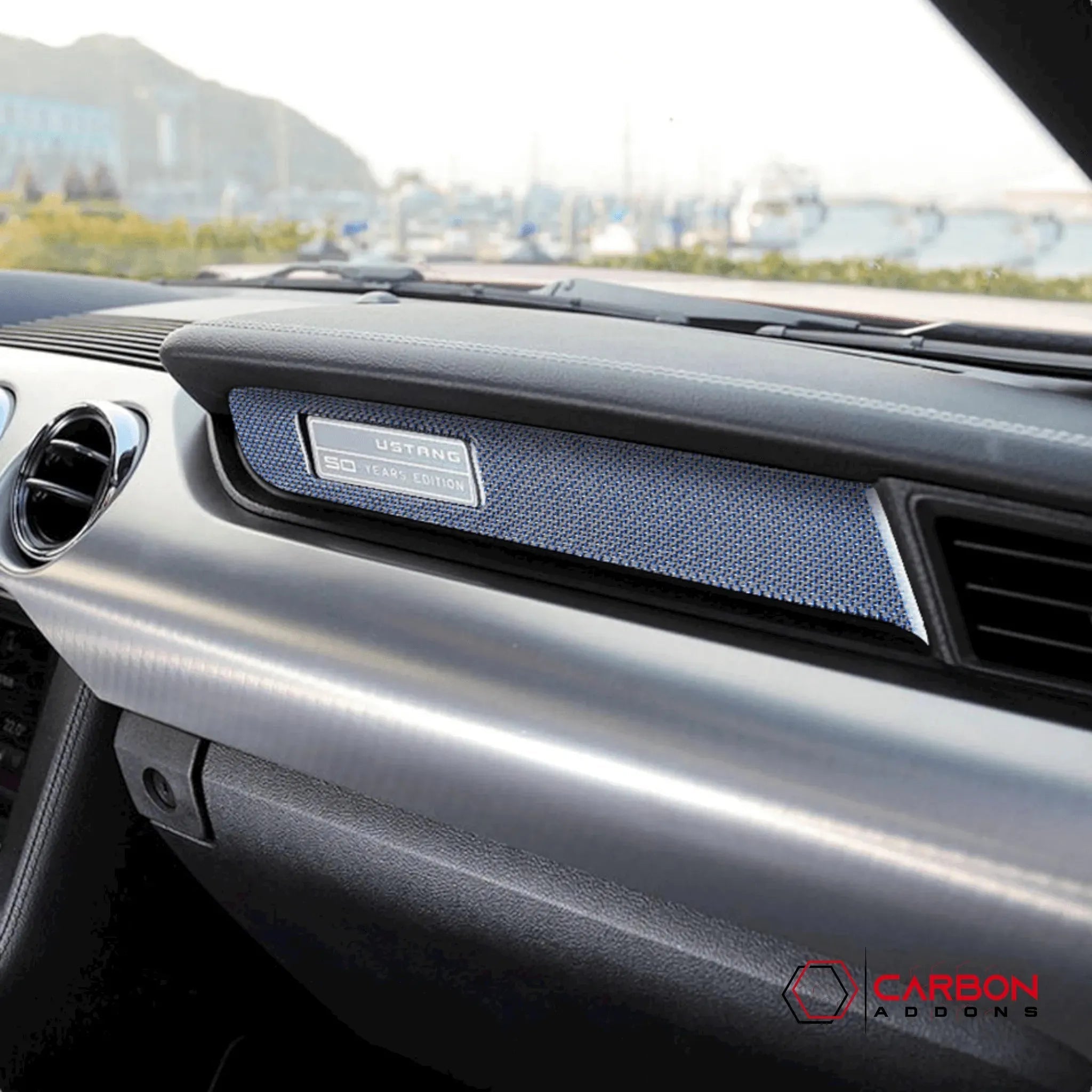 Reflective Carbon Fiber Passenger Dashboard Emblem Trim Overlay for Ford Mustang 2015-2023 - carbonaddons Carbon Fiber Parts, Accessories, Upgrades, Mods