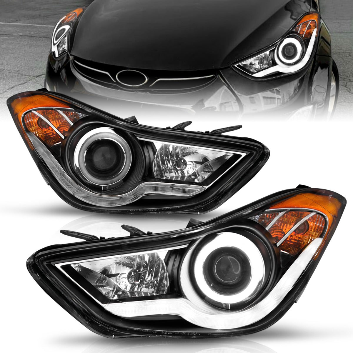 HYUNDAI ELANTRA 11-13 PROJECTOR HEADLIGHTS BLACK W/ RX HALO