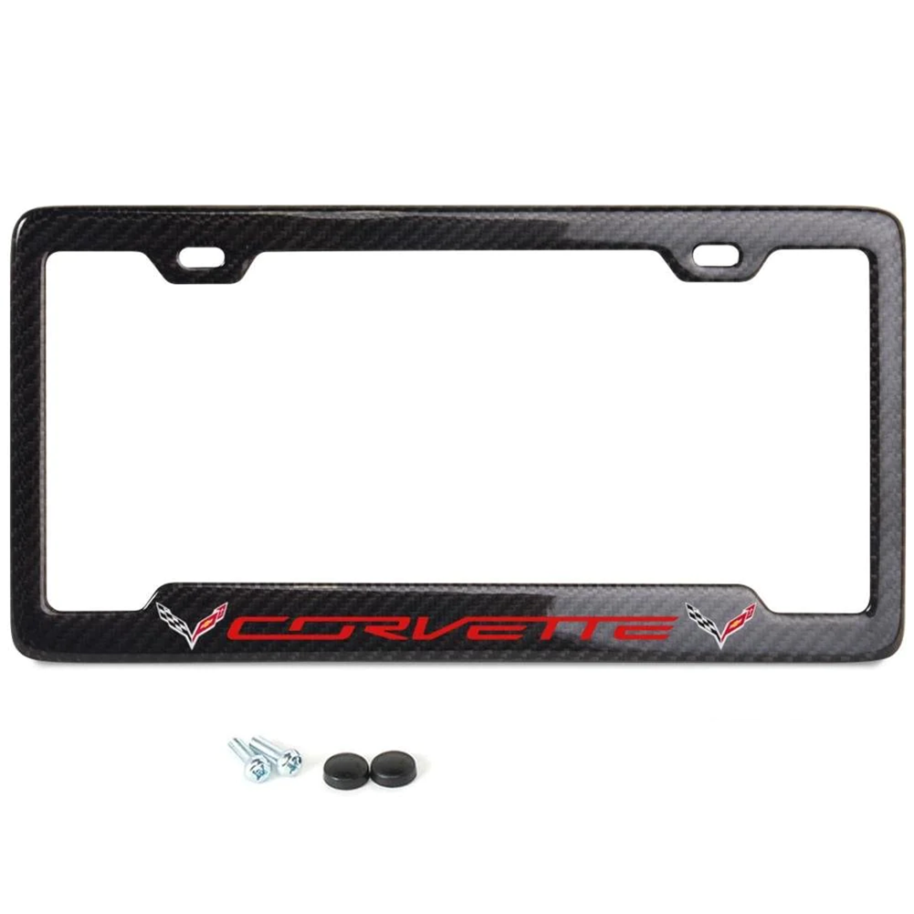 C7 Corvette Carbon Fiber License Plate Frame - Red Corvette Script with Flags Logo-SR1 Performance