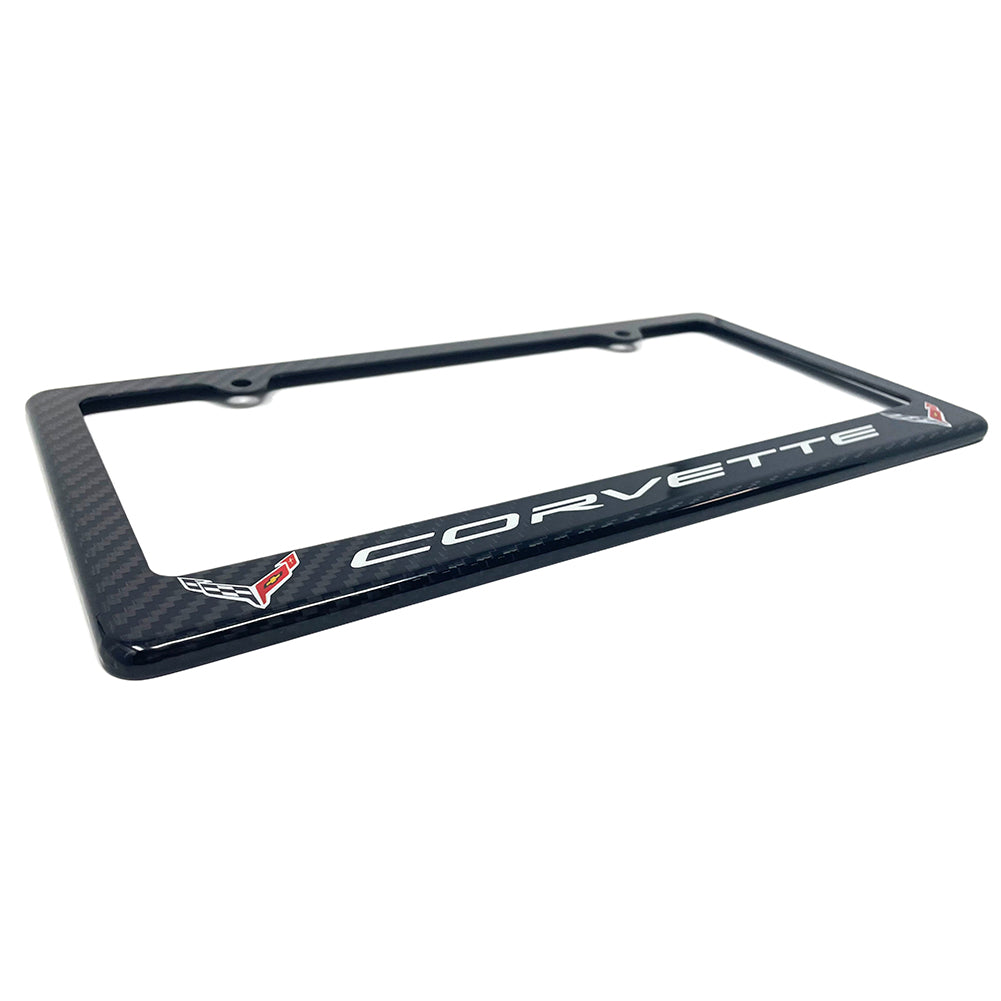 C8 Corvette Carbon Fiber License Plate Frame - Corvette Script with Crossed Flags Logos-SR1 Performance