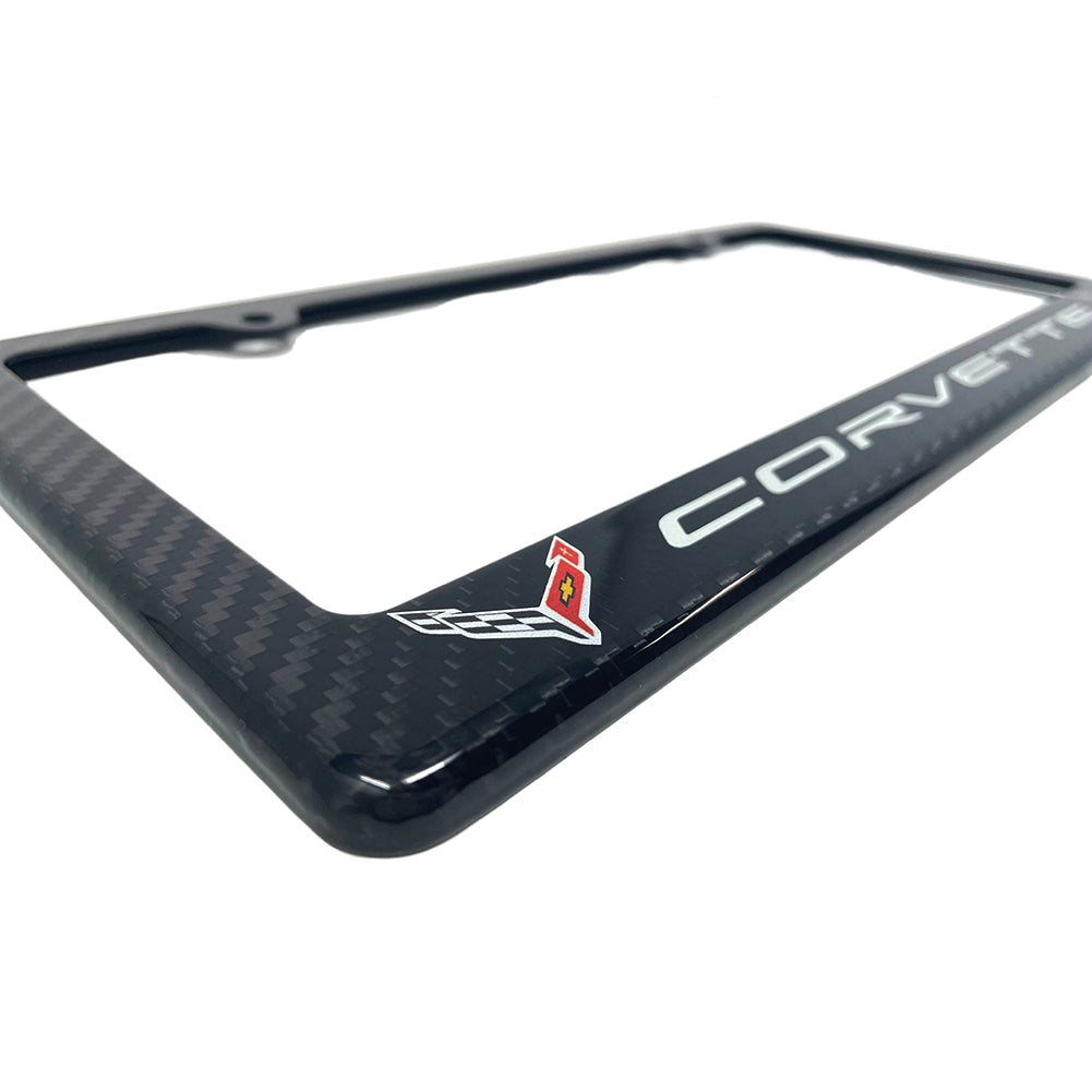 C8 Corvette Carbon Fiber License Plate Frame - Corvette Script with Crossed Flags Logos-SR1 Performance