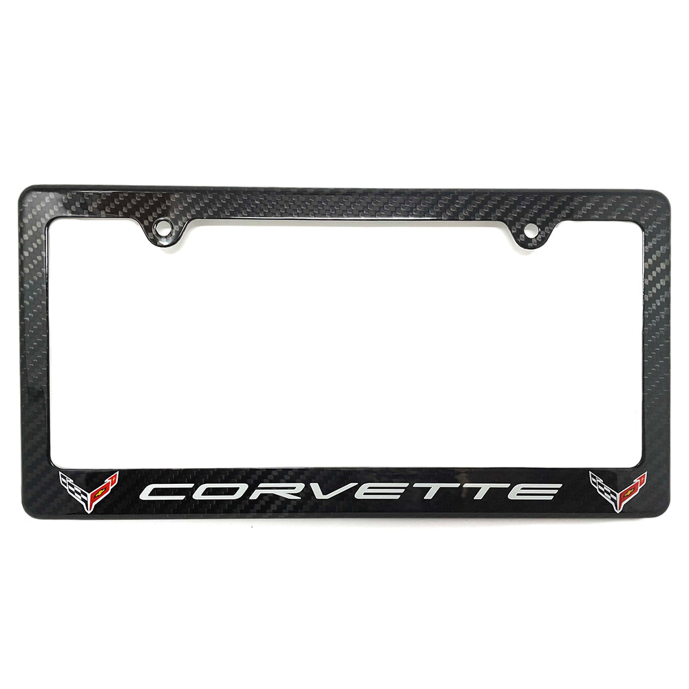 C8 Corvette Carbon Fiber License Plate Frame - Corvette Script with Crossed Flags Logos-SR1 Performance