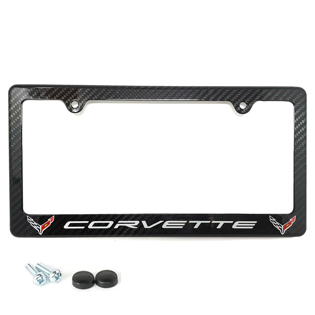 C8 Corvette Carbon Fiber License Plate Frame - Corvette Script with Crossed Flags Logos-SR1 Performance