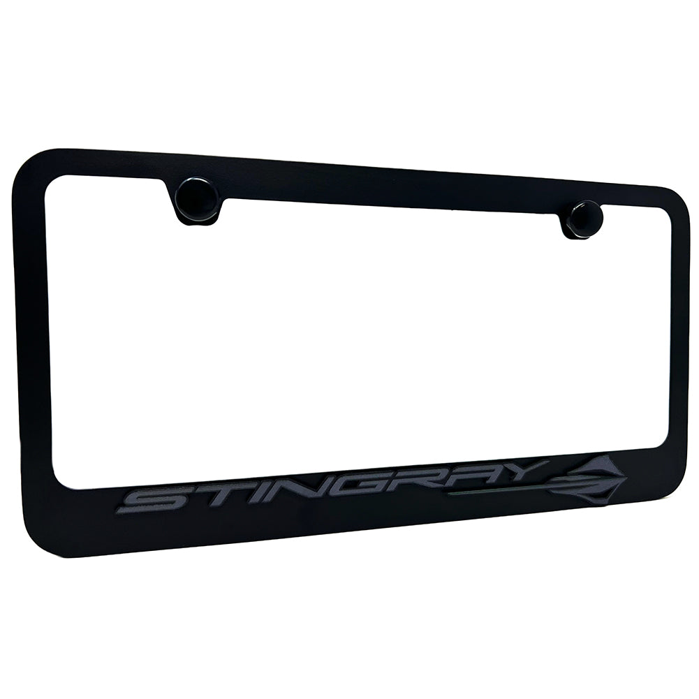 C8 Corvette Stingray License Plate Frame - Black with Black C8 Stingray Fish Logo-SR1 Performance