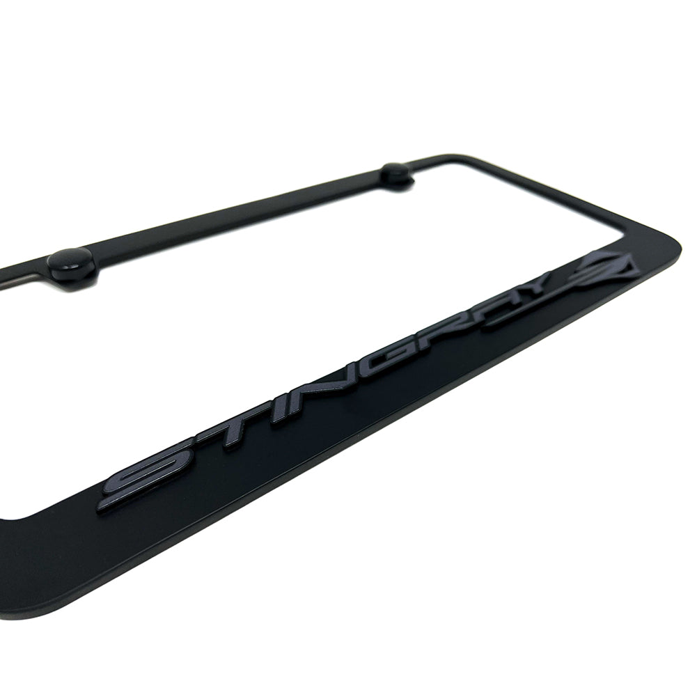 C8 Corvette Stingray License Plate Frame - Black with Black C8 Stingray Fish Logo-SR1 Performance