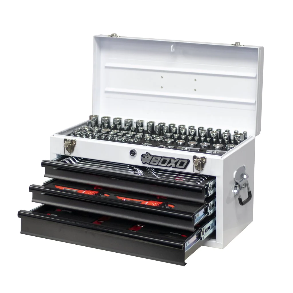 BOXO USA Heavy Duty 185pcs Metric & SAE Tool Set with 3 Drawers Carry Box-SR1 Performance