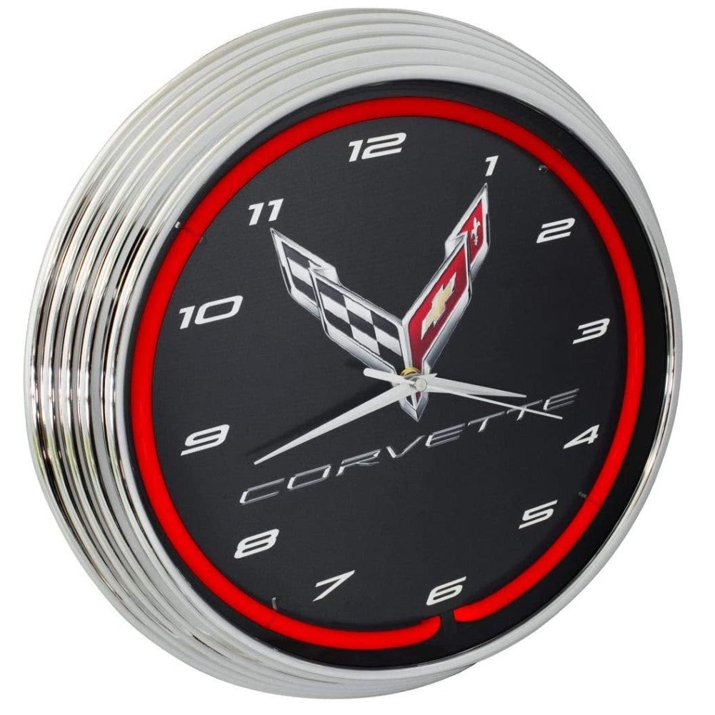 C8 Corvette Clock - 15" Neon Wall Clock with C8 Crossed Flags Logo-SR1 Performance