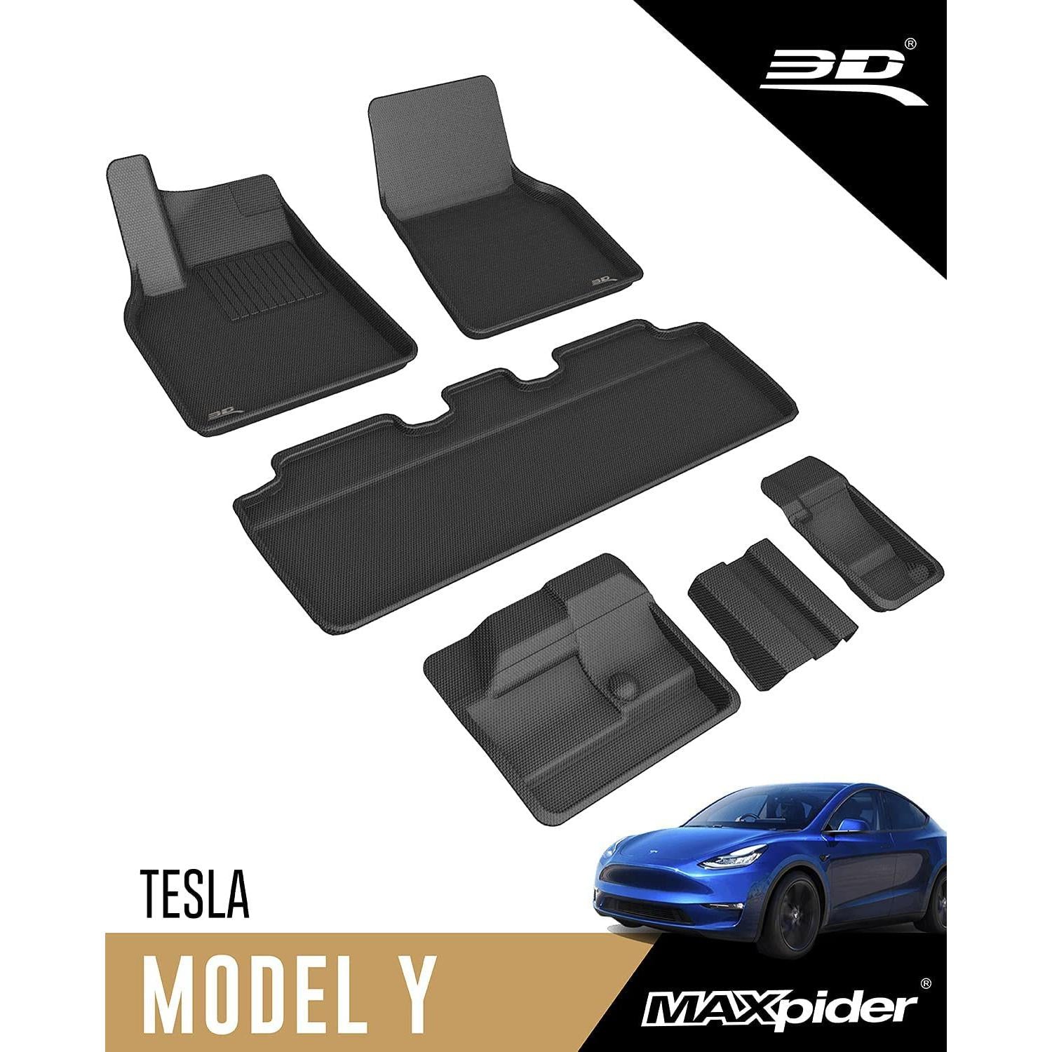 3D MAXpider All-Weather Floor Mats for Tesla Model Y 7-Seat 2021-2022 Custom Fit Floor Liners, Kagu Series (1st, 2nd & 3rd Row, Black)-SR1 Performance