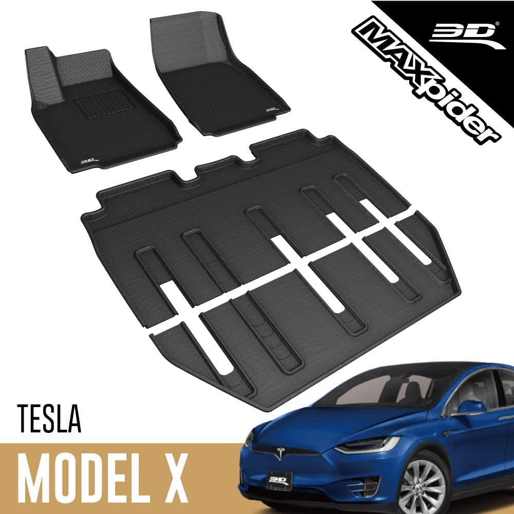 3D MAXpider - L1TL00501509 Tesla Model X Folding 7-Seater 2017-2020 Custom Fit All-Weather Car Floor Mats Liners, Kagu Series (1st, 2nd & 3rd Row, Black)-SR1 Performance
