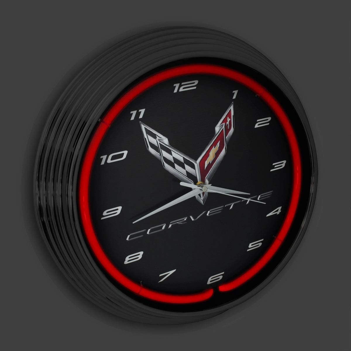 C8 Corvette Clock - 15" Neon Wall Clock with C8 Crossed Flags Logo-SR1 Performance