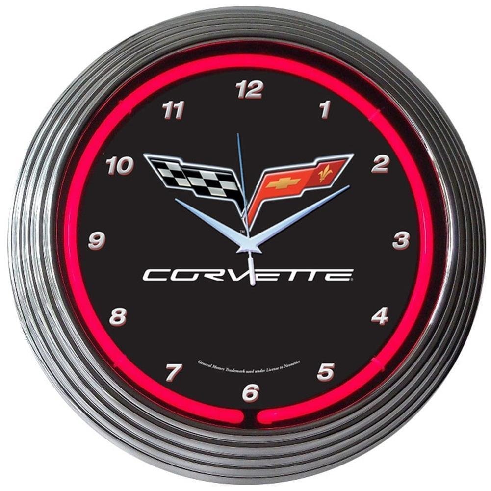C6 Corvette Clock - 15" Neon Wall Clock with C6 Crossed Flags Logo-SR1 Performance