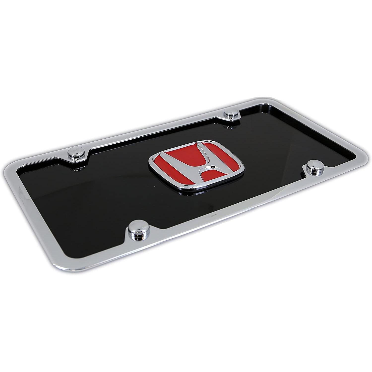 Honda Red Logo License Plate Kit - Chrome Frame on Black Acrylic Plate-SR1 Performance