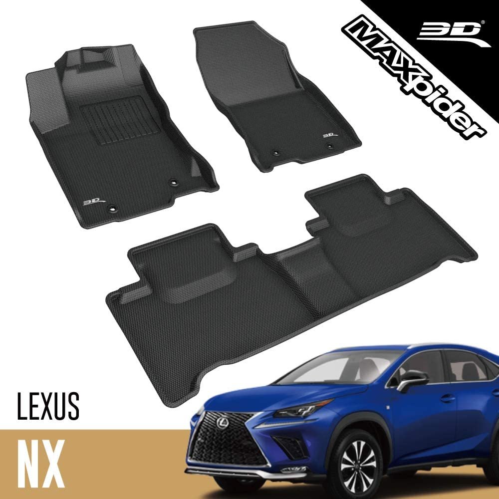 3D MAXpider All-Weather Floor Mats for Lexus NX / NX Hybrid 2015-2021 Custom Fit Floor Liners, Kagu Series (1st & 2nd Row, Black)-SR1 Performance