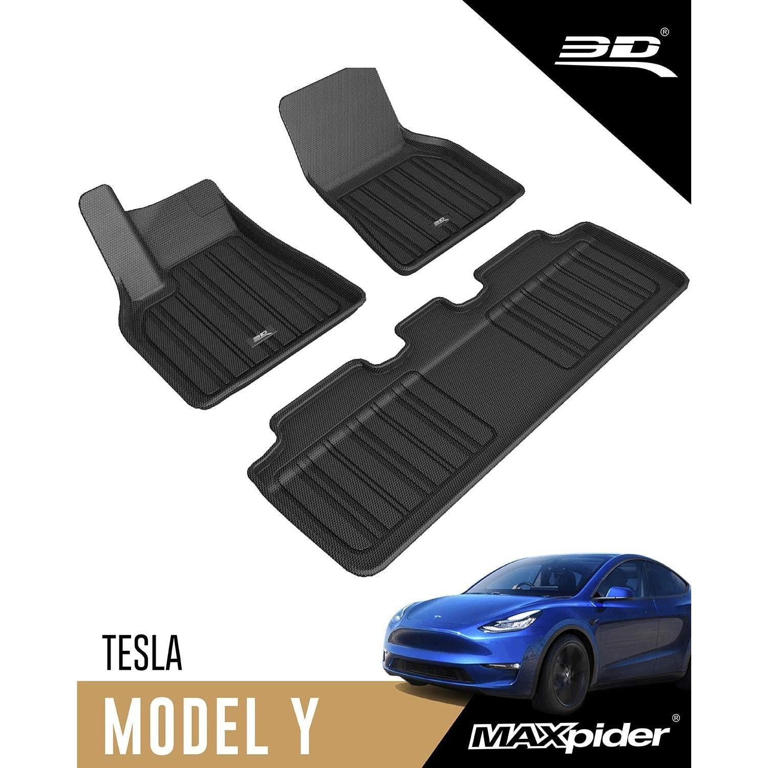 2020-2021 Tesla Model Y 3D MAXpider Custom Fit All-Weather Car Floor Mats Liners ELITECT Series Complete Set -Black-SR1 Performance