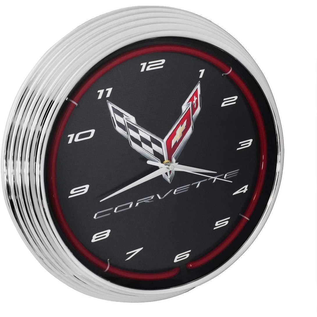 C8 Corvette Clock - 15" Neon Wall Clock with C8 Crossed Flags Logo-SR1 Performance