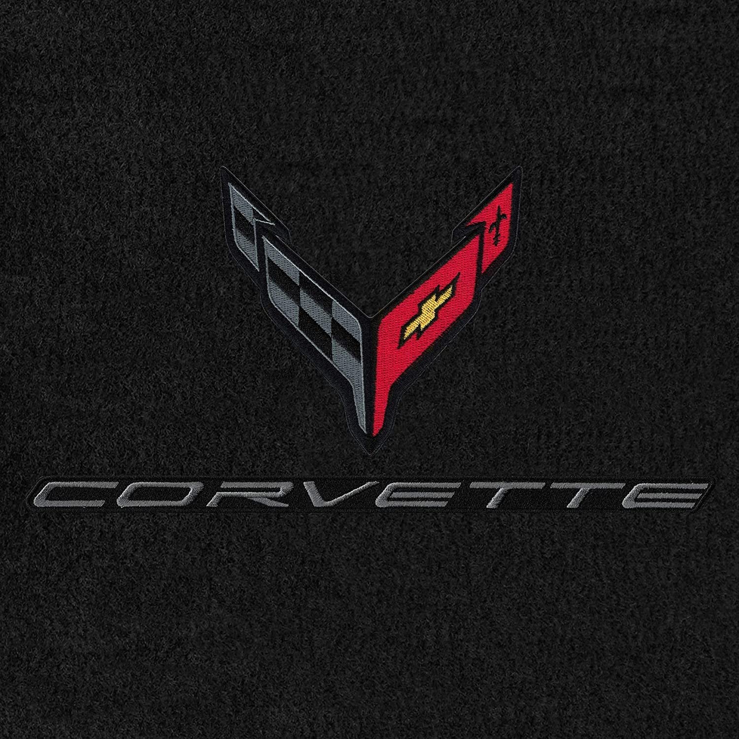 C8 Corvette Floor Mats - Ebony with Carbon Flags/Corvette Script & Red Binding-SR1 Performance