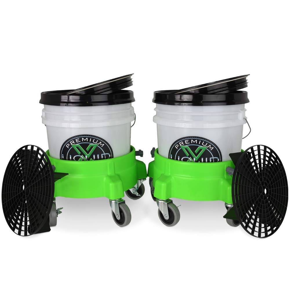 Liquid X Dual Bucket Wash System with Lime Green Dollies - 3" Gray Casters-SR1 Performance