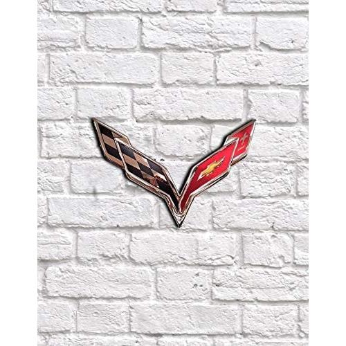 C7 Corvette Crossed Flags Stainless Steel Wall Hanging Sign - Chrome : 22" x 15"-SR1 Performance