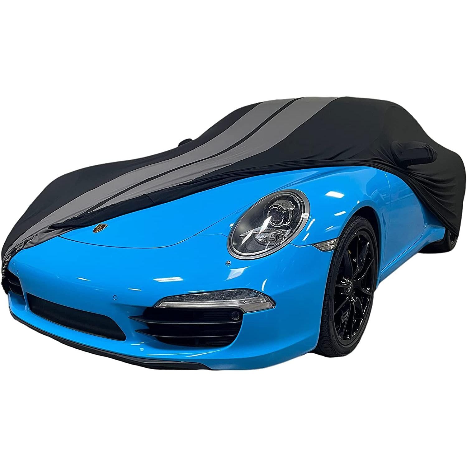 2012-2024 Porsche 911 Coupe/Carrera/Targa/Turbo GTS/Cayman/Boxster Ultraguard Stretch Satin Indoor Car Cover : Sport Series - Black with Dark Gray Stripes-SR1 Performance