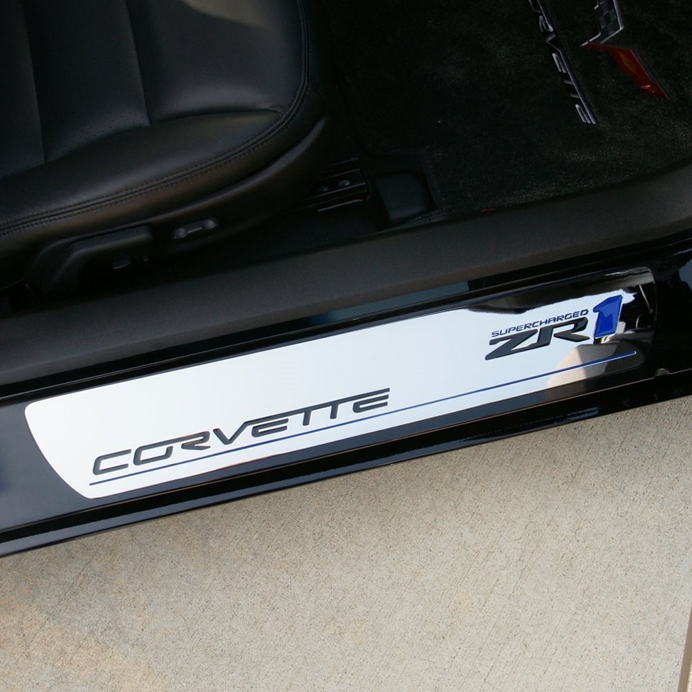 Corvette Door Sill Plates - Billet Chrome with ZR1 Logo :-SR1 Performance