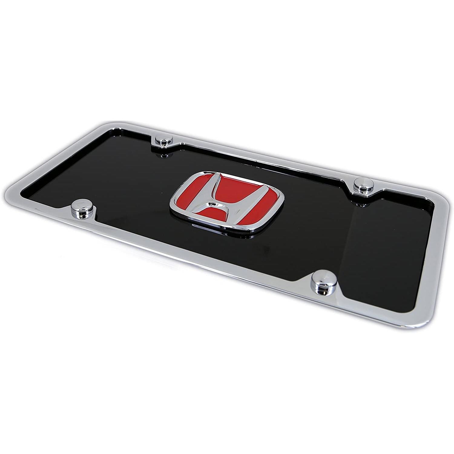 Honda Red Logo License Plate Kit - Chrome Frame on Black Acrylic Plate-SR1 Performance