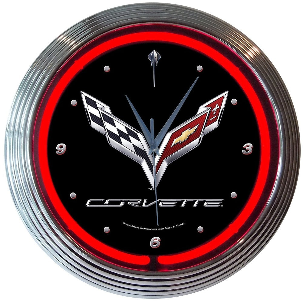 C7 Corvette Clock - 15" Neon Wall Clock with C7 Crossed Flags Logo-SR1 Performance
