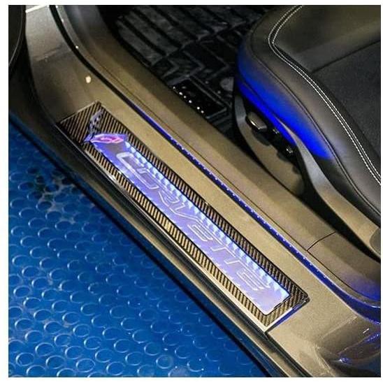C7 Corvette Door Sill Carbon Fiber Overlay w/Polished Trim & BLUE LED Lighting-SR1 Performance