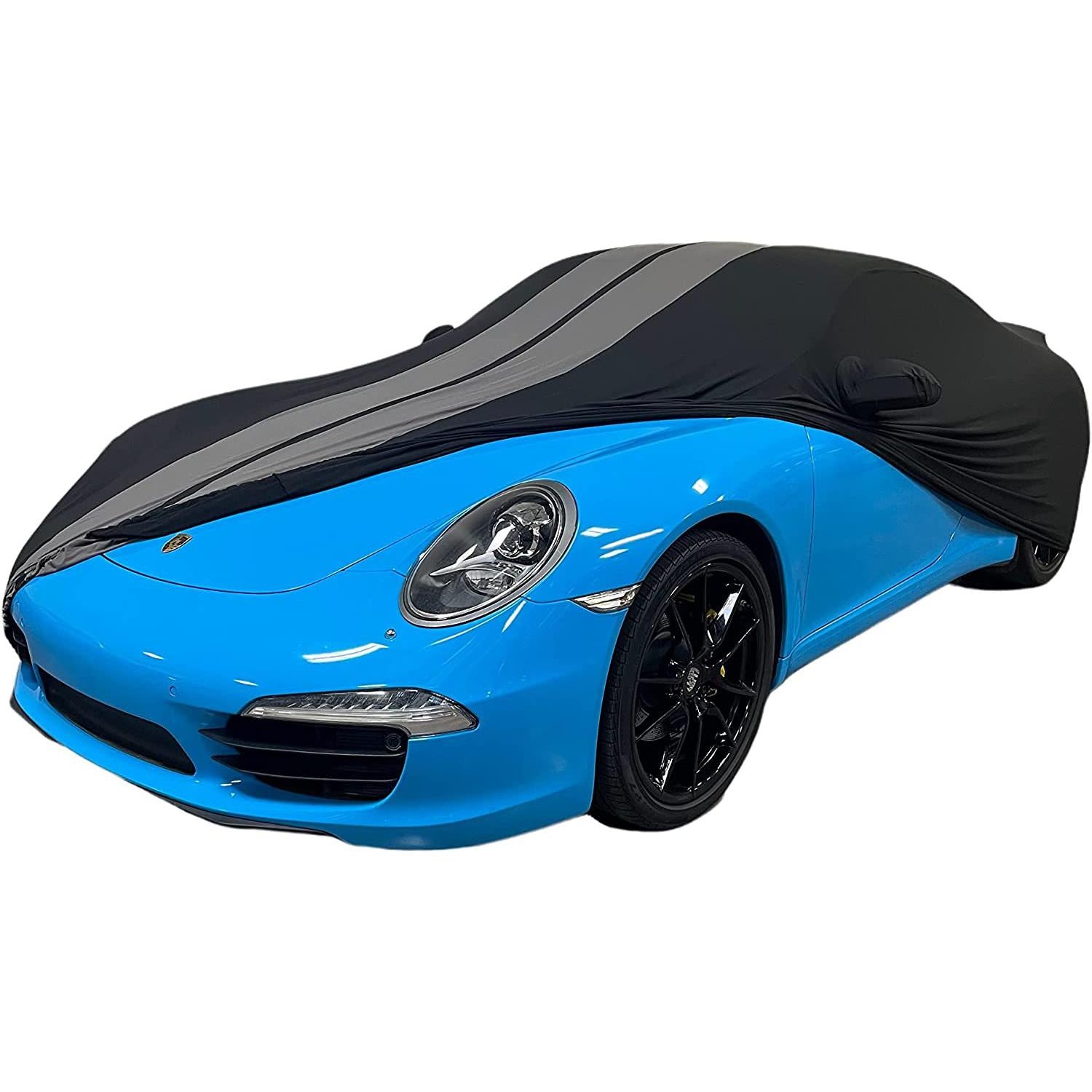 2012-2024 Porsche 911 Coupe/Carrera/Targa/Turbo GTS/Cayman/Boxster Ultraguard Stretch Satin Indoor Car Cover : Sport Series - Black with Dark Gray Stripes-SR1 Performance
