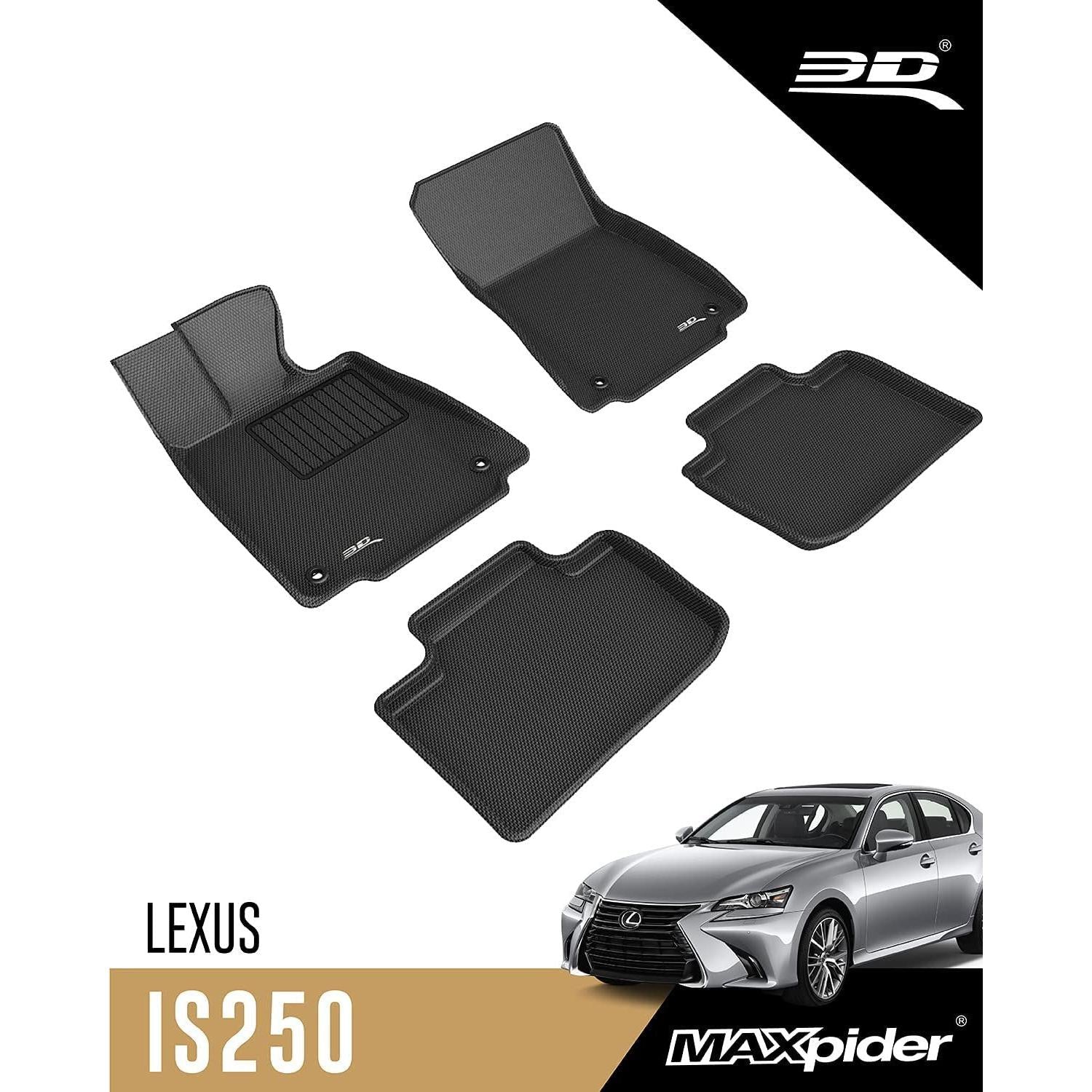 3D MAXpider L1LX03401509 Complete Set Custom Fit All-Weather Floor Mat for Select Lexus IS Models - Kagu Rubber (Black)-SR1 Performance