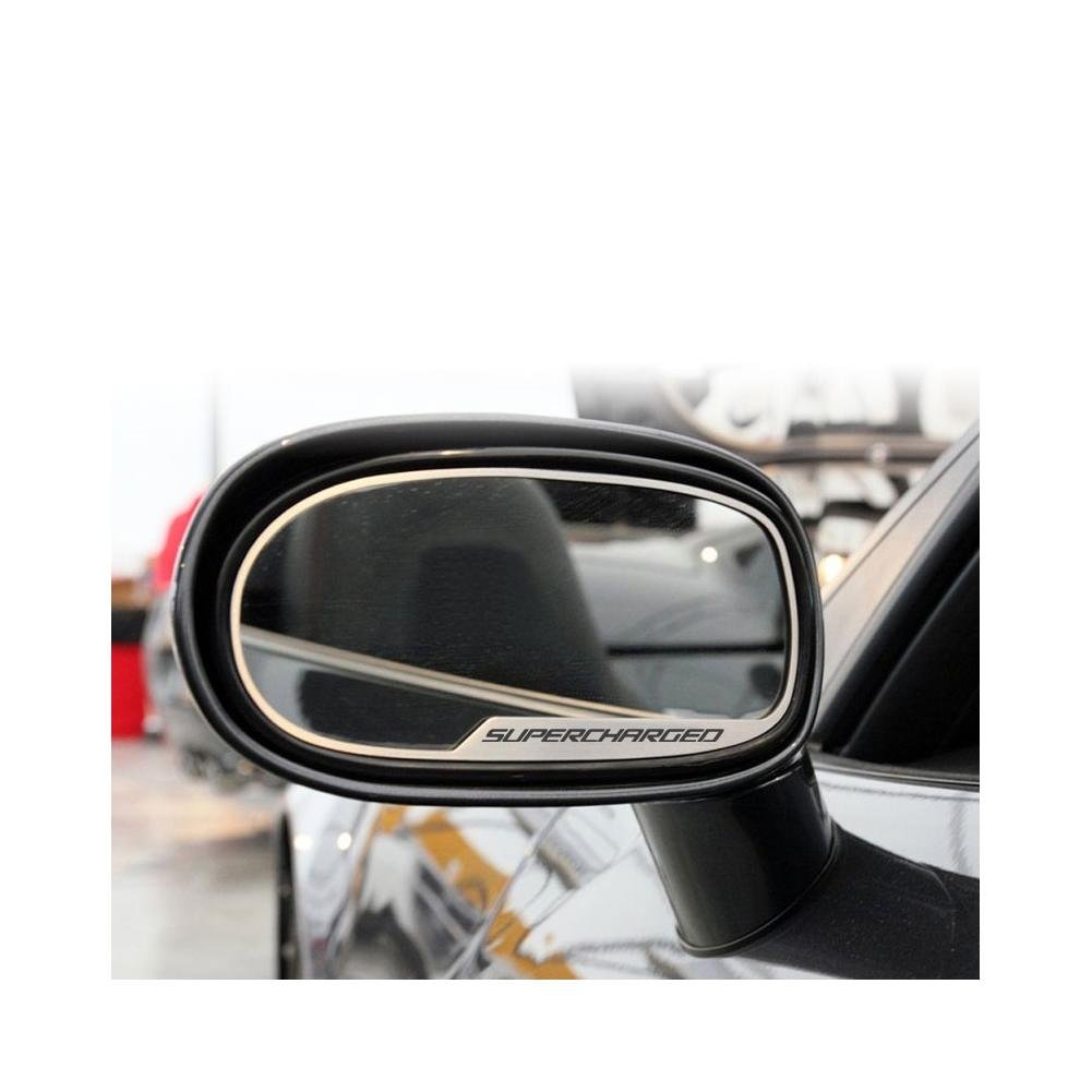 Corvette Sideview Mirror Trim "SUPERCHARGED" - Brushed Stainless Steel 2 pc. : 2005-2013 C6, Z06, ZR1 & Grand Sport-SR1 Performance