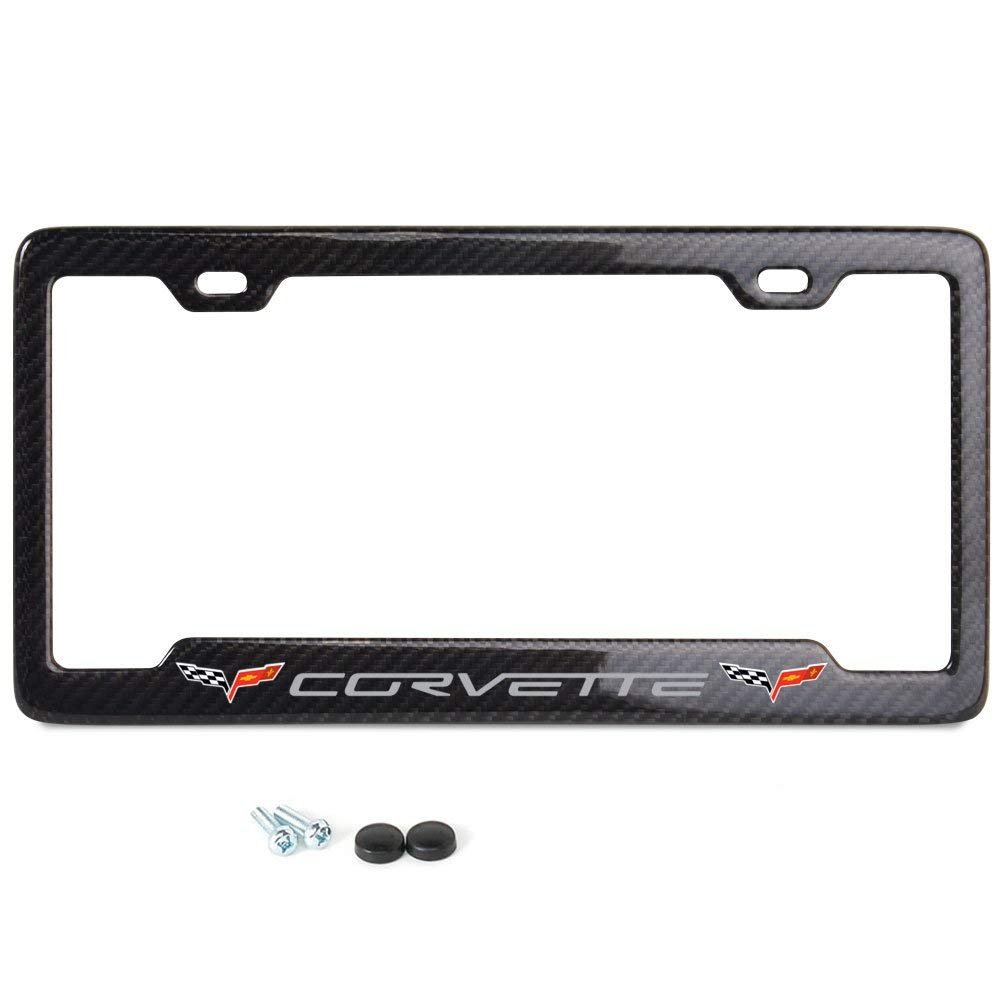 C6 Corvette Notched License Plate Frame Carbon Fiber with Gray Script & Flags-SR1 Performance