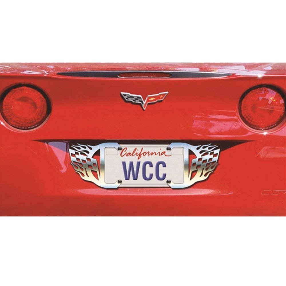Corvette Flags and Flames Stainless Steel License Plate Frame : C6 2005-2013-SR1 Performance