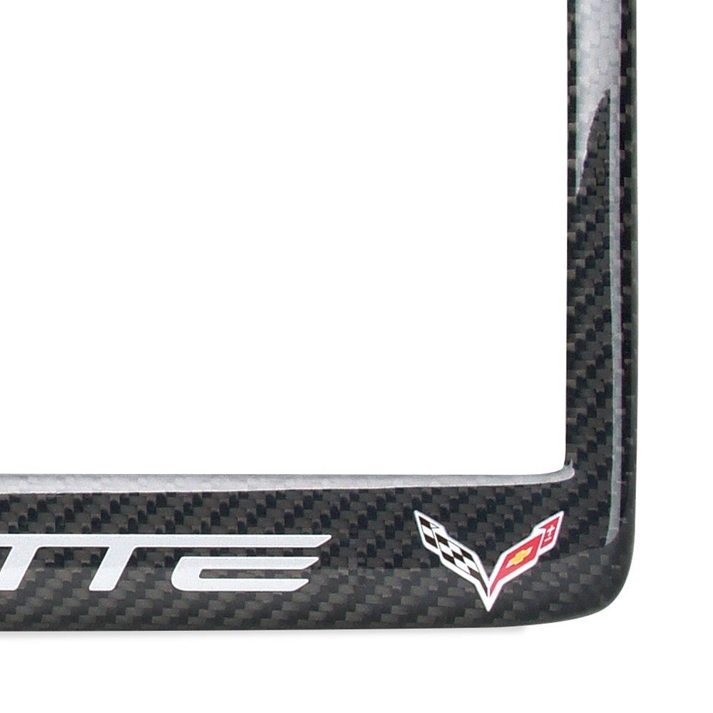 C7 Corvette Carbon Fiber License Plate Frame - Light Gray Corvette Script with Flags Logo-SR1 Performance