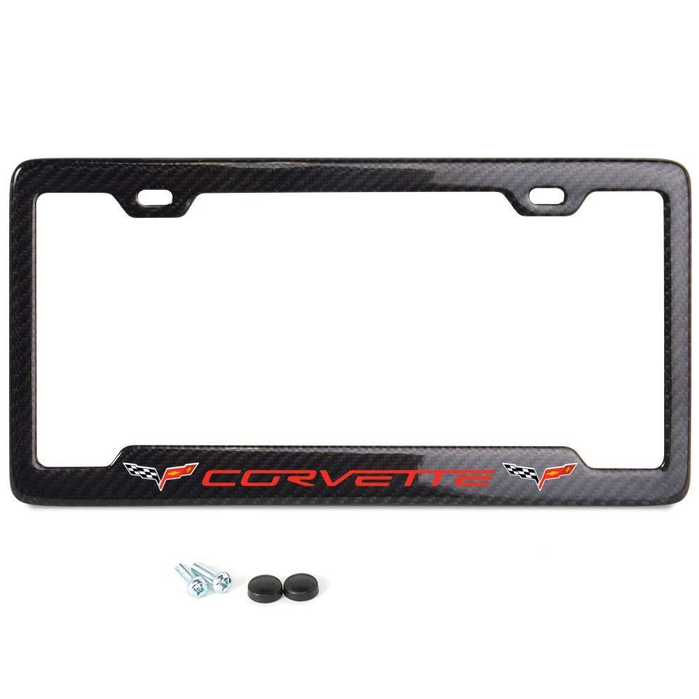 C6 Corvette Notched License Plate Frame Carbon Fiber with Red Script w/Flags-SR1 Performance
