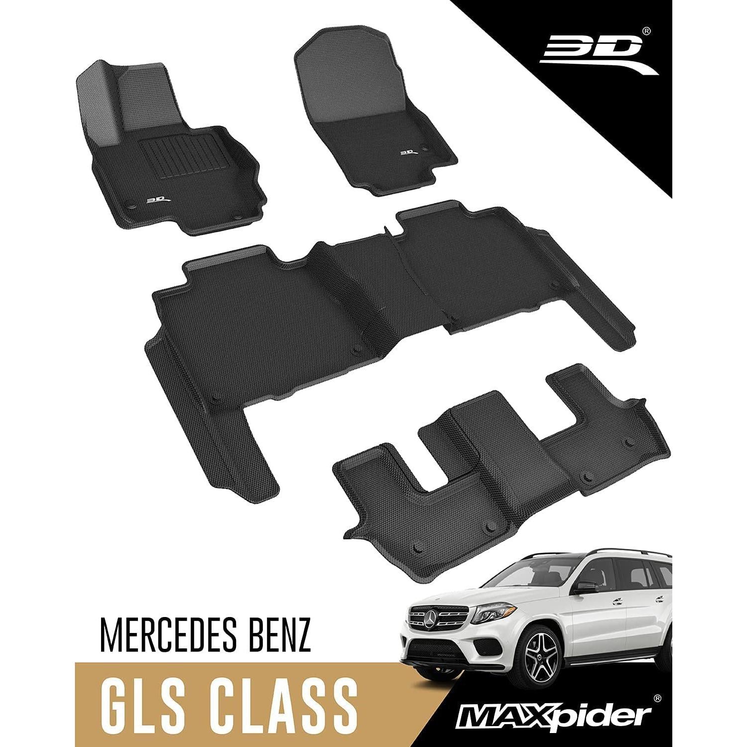 3D MAXpider All-Weather Floor Mats for Mercedes-Benz GLS-Class 2020-2022 Custom Fit Car Floor Liners, Kagu Series (1st & 2nd Row, Black)-SR1 Performance