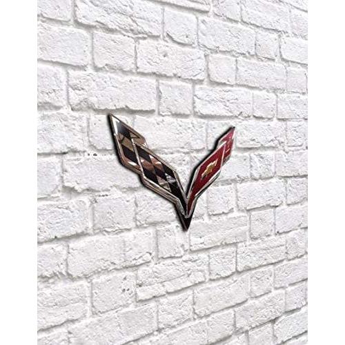 C7 Corvette Crossed Flags Stainless Steel Wall Hanging Sign - Chrome : 22" x 15"-SR1 Performance